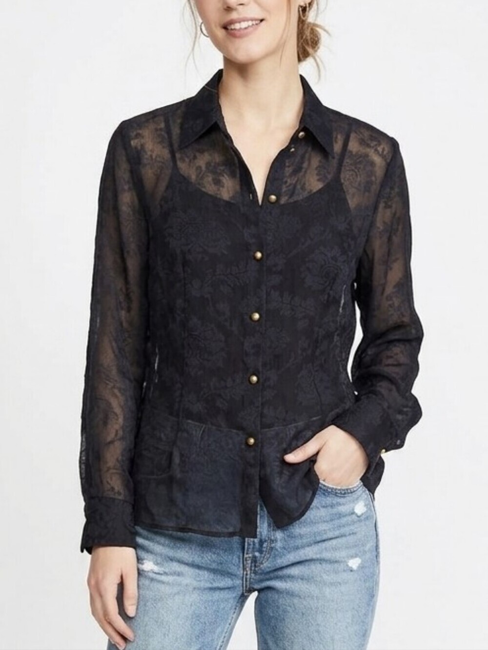 Vintage Louben Black Sheer Button Front Blouse